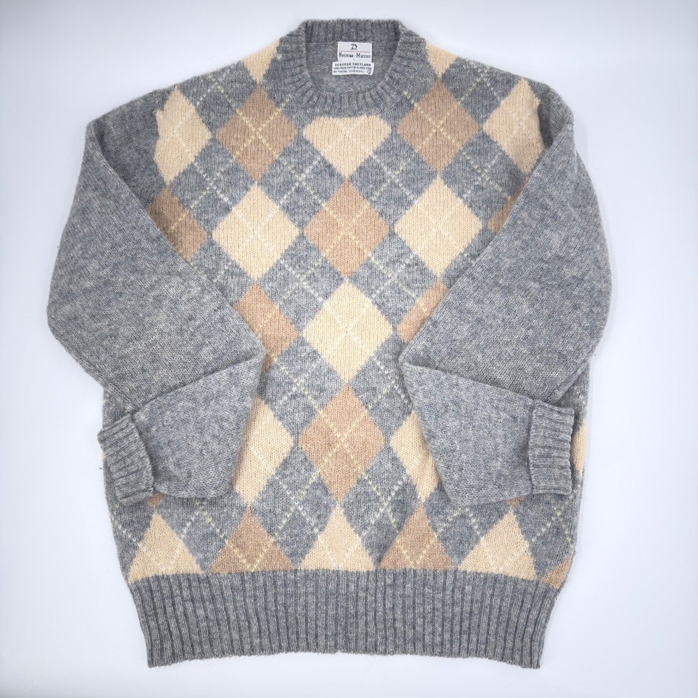 Neiman Marcus Sweater Argyle Vintage Men Large Gray Scottish Shetland Wool Knit